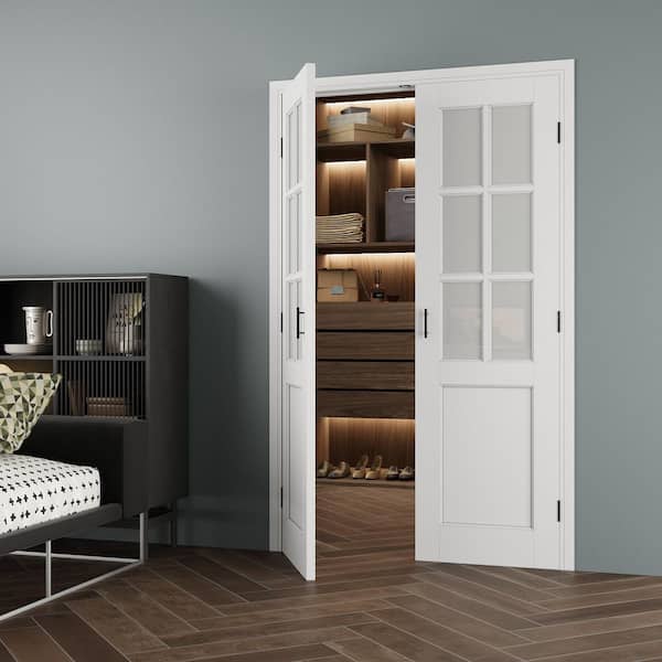 48 in. x 80 in. 6-Lite Frosted Glass Universal White Solid Core Glass Double Prehung French Door+ Quick Jamb&Ball Catch