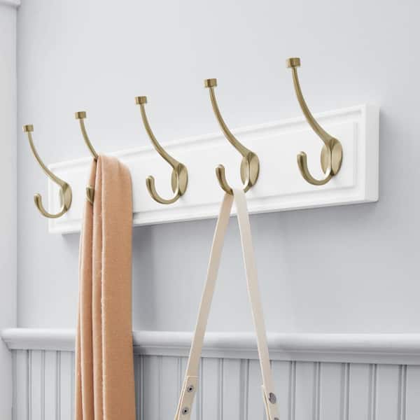 Snap Install 27 in. White Hook Rack with 5 Champagne Bronze Pill Top Hooks