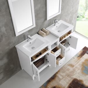 Cambridge 59 in. Vanity in White with Porcelain Vanity Top in White with White Ceramic Basins and Mirror