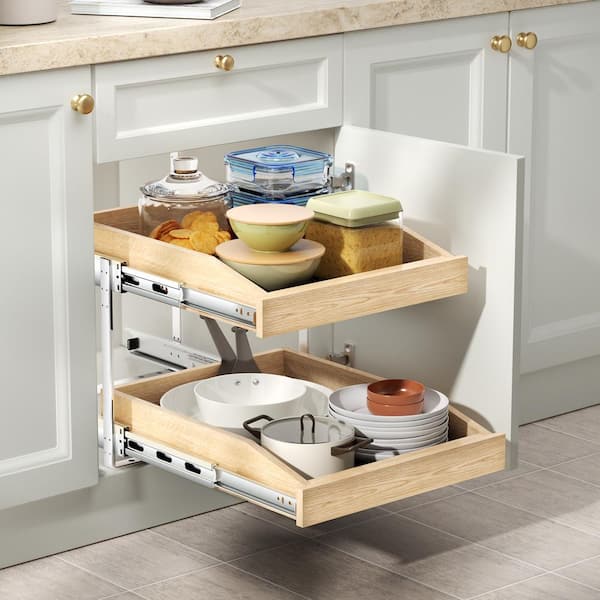 Tileon 2 Tier Pull Out Cabinet Drawer 16.5" W, Hard Close Pull Out Cabinet Organizer, Pull Out Shelve, Bottom Assembly-Natural