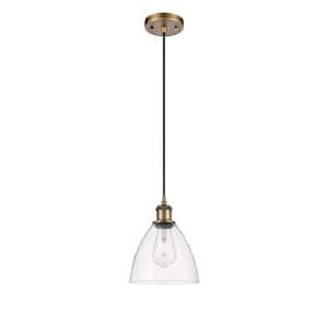 Bristol Glass 1-Light Brushed Brass Clear Shaded Pendant Light with Clear Glass Shade