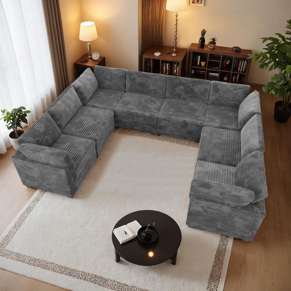 Allwex 130 in. Square Arm Modern 8-Piece Plush Corduroy U