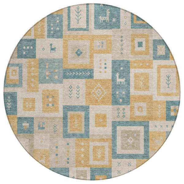 Chantille Machine Washable Indoor/Outdoor Abstract ACN3142 Gold 8 ft. x 8 ft. Round Rug