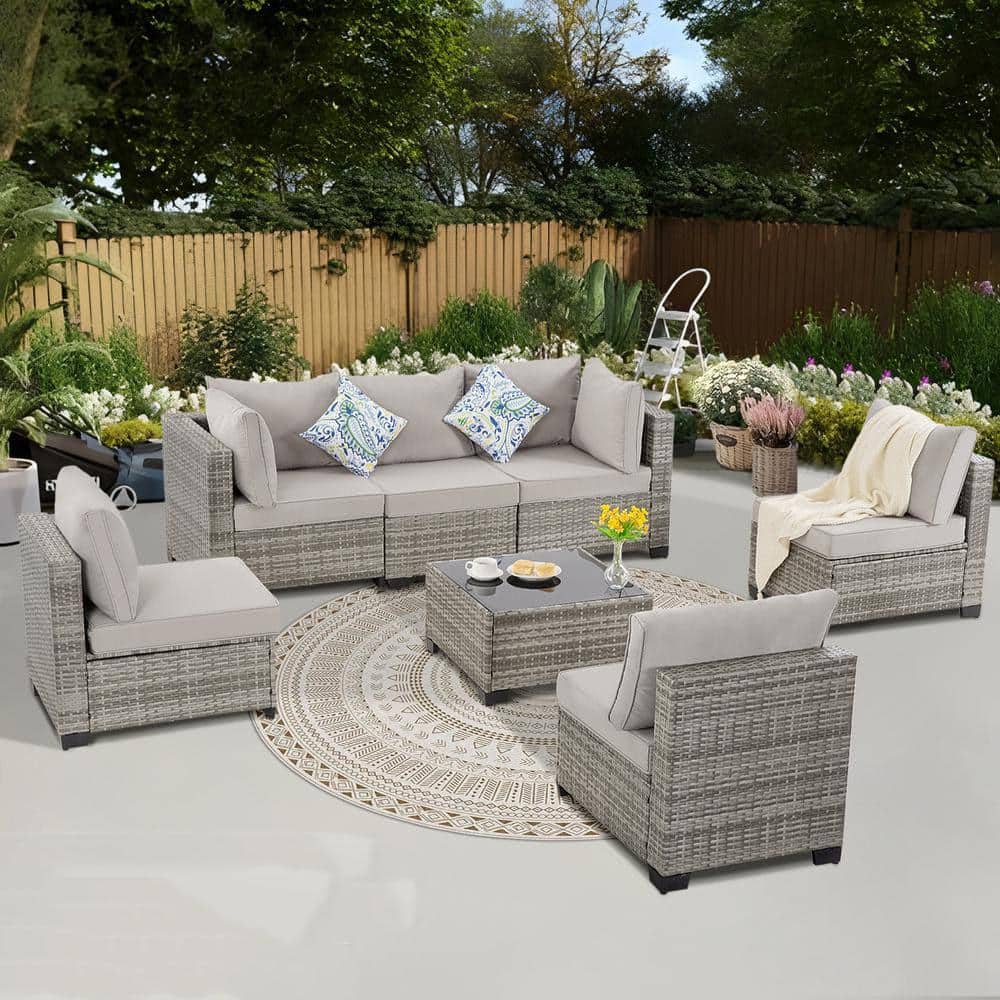 7 Pieces All Weather Wicker Patio Conversation Set Outdoor Sectional Sofa w
