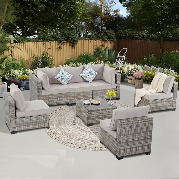 Unbranded 7 Pieces All Weather Wicker Patio Conversation Set Outdoor Sectional Sofa with Gray Cushions for Garden Backyard