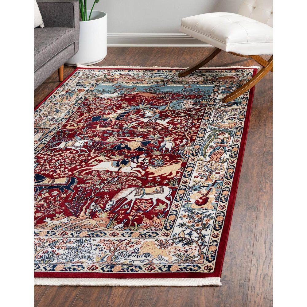 Burgundy and Tan Floral Rectangular Synthetic Area Rug