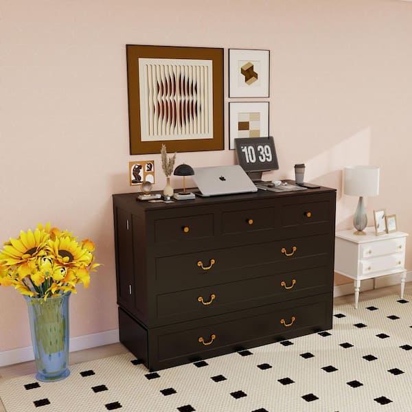 Black MDF Frame Queen Murphy Bed Cabinet with Charging Station and Storage Drawer