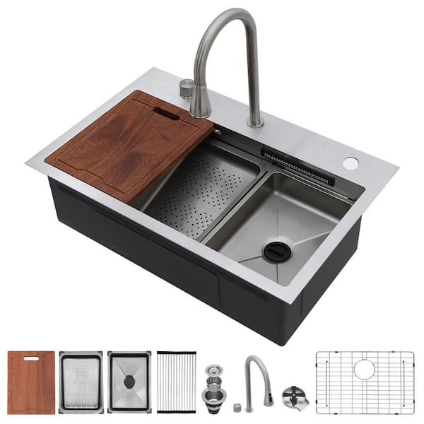 31 in. Drop-In Single Bowl 16-Gauge Stainless Steel Workstation Kitchen Sink with Faucet and Cup Washer