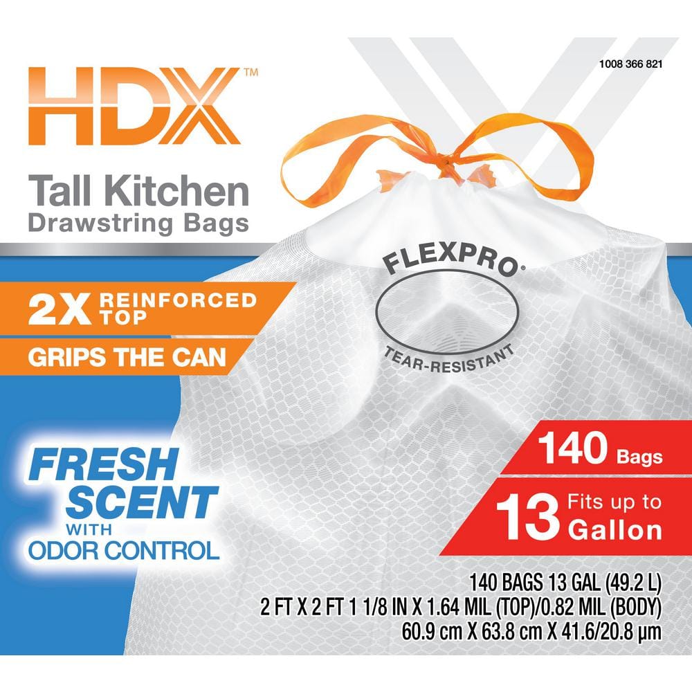 Hdx Flexpro 13 Gal Reinforced Top Drawstring Fresh Scent Kitchen Trash Bags With 10 Pcr 140 