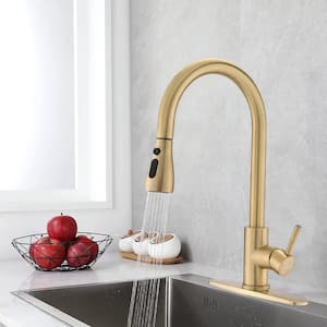 Single Handles Deck Mount Pull Down Sprayer Kitchen Faucet in Brushed Gold