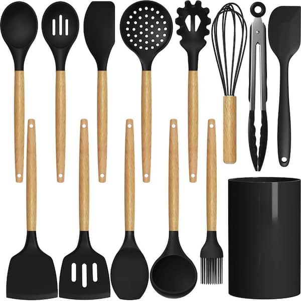 Silicone Cooking Kitchen Utensil Holder Set with Turner Tong, Spoon, Brush, Whisk, 446°F Heat Resistant, BPA Free, Black