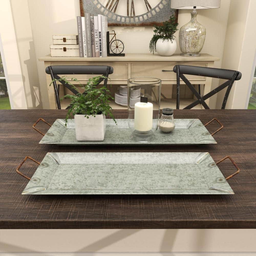 Gray Rectangular Metal Serving Tray Set with Gold Trim