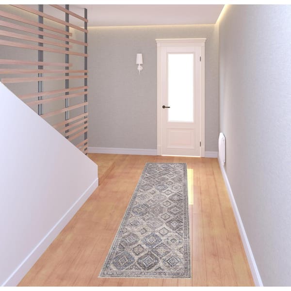 Ivory and Tan 2 ft. x 8 ft. Floral Power Loom Distressed Washable Runner Rug