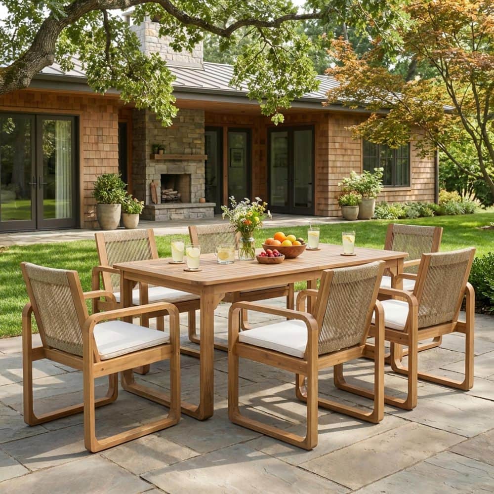 Ronan Patio 7-Piece Solid Wood Rectangle Outdoor Dining Set Rope Back Chairs with Beige Cushions, Light Teak+Multi Brown price history on PriceWatchPro