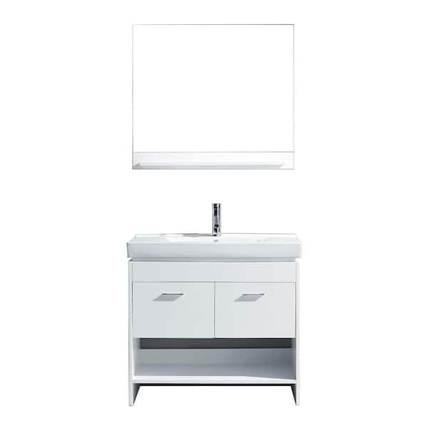 Virtu USA Gloria 36 in. W Bath Vanity in White with Ceramic Vanity Top in White Ceramic with Square Basin and Mirror