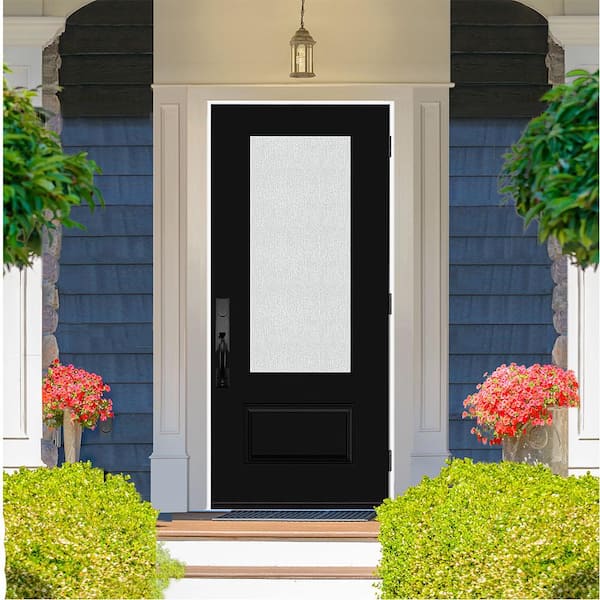 Legacy 36 in. x 80 in. 3/4 Lite Rain Glass LHOS Black Finish Fiberglass Prehung Front Door