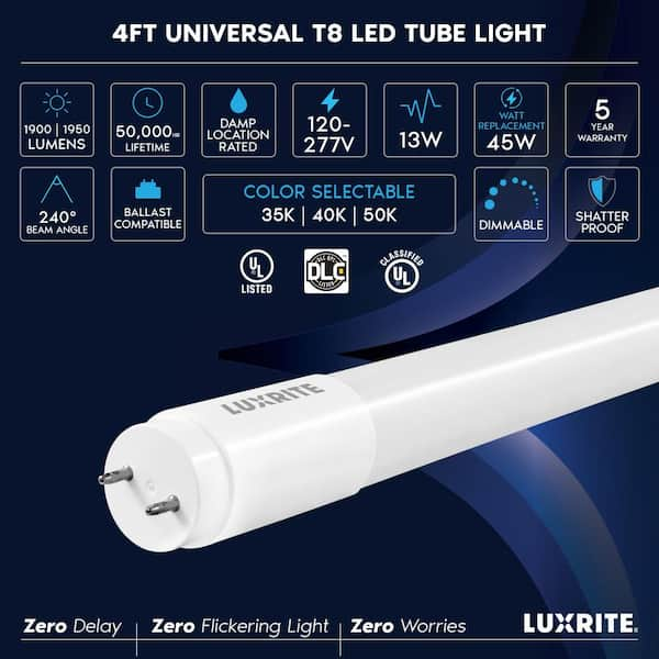 LUXRITE 8-Watt 2 ft. Linear T8 LED Tube Light Bulb 3 Color Selectable  Single and Double End Powered 960 Lumens F17T8 (4-Pack) LR34231-4PK - The  Home Depot