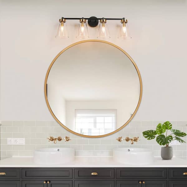 LNC Modern 4-Light Black and Plated Brass Vanity Light Damp Wall Light with  Bell-Shaped Clear Glass Shades for Bathroom L77FJRB93W4Q9C - The Home Depot