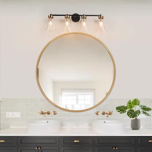 Modern 30 in. 4-Light Black and Brass Gold Bathroom Vanity Light with Classic Bell Clear Glass Shades, LED Compatible