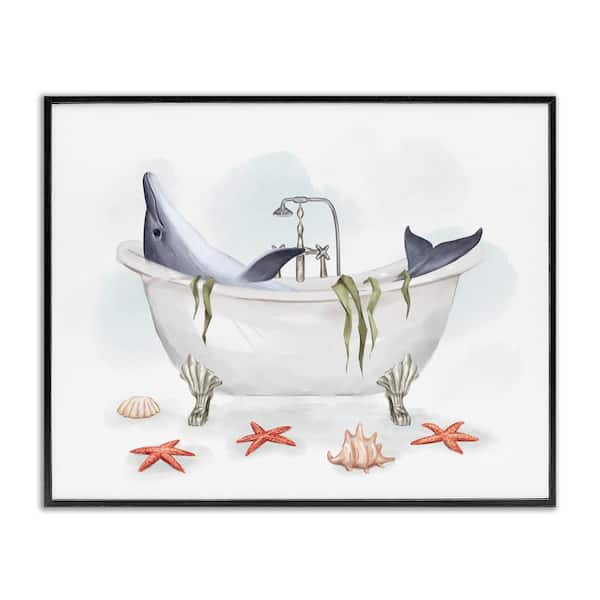Dolphin Lounging in Bath Tub Nautical Shells by Ziwei Li Black Framed Giclee Art Print Animal 20 in. x 16 in.