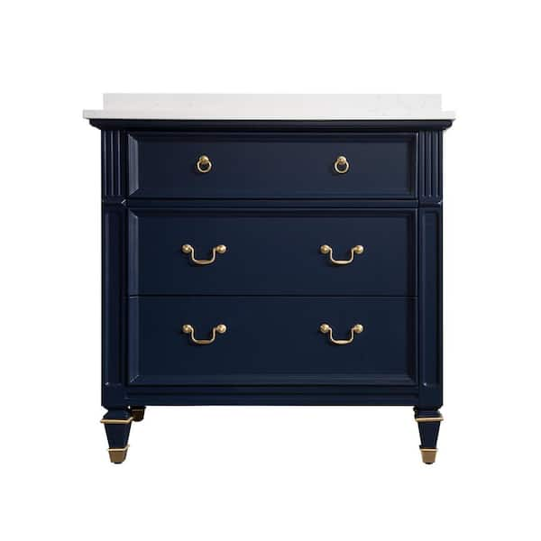 36 in. Navy Blue Solid Wood Bath Vanity with Carrara White Quartz Top, Single Sink, Soft-Close Drawers, Assembled