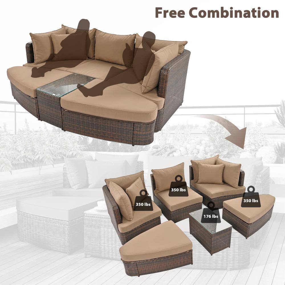 Brown Steel Frame 5-Person Outdoor Sectional Sofa Set with Cushions