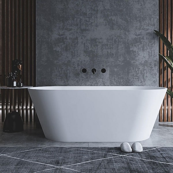 59 in. x 30 in. Freestanding Solid Surface Soaking Bathtub in Matte White with Flat Edge Design and Center Drain
