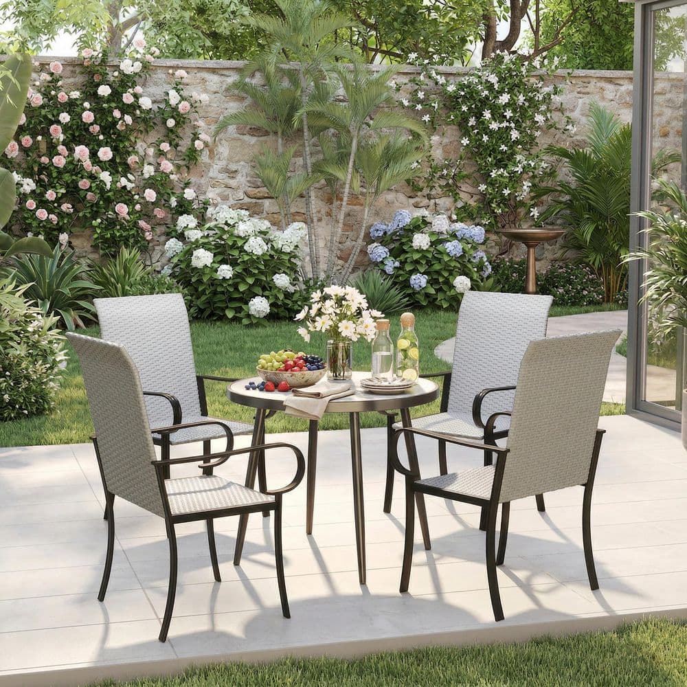 All-Weather Gray Metal and Wicker Outdoor Lounge Chairs Patio Dining Chairs Set of 4 for Porch Deck Garden Poolside price history on PriceWatchPro