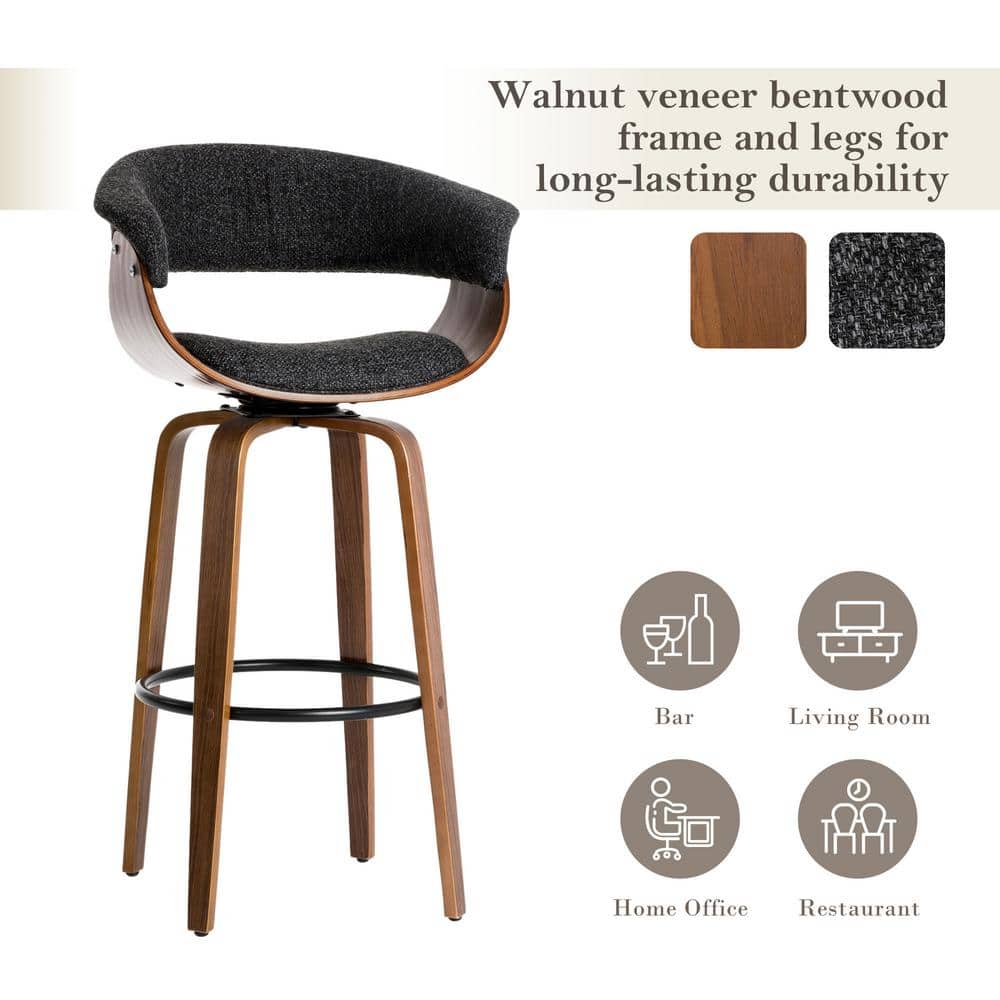 Mid-Century Modern Dark Blue Fabric Walnut Swivel Barstools, Set of 2