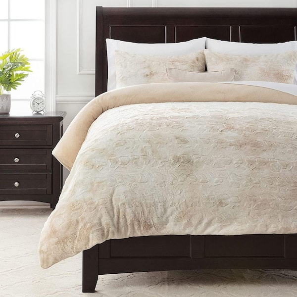 CHANASYA Chanasya Wolf Polyester Taupe Faux Fur Reversible Minky Duvet Cover Set, Twin