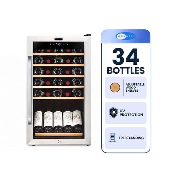 19 in. 34 Bottle Wine Cooler Fridge w/ Lock Freestanding Stainless Steel Display Rack and LED Display
