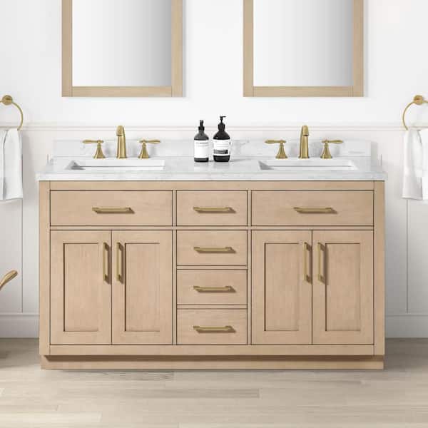 Athea 60 in. Freestanding Sahara Birch Bath Vanity with White Engineered Marble Top, Power Bar and Brushed Gold Hardware