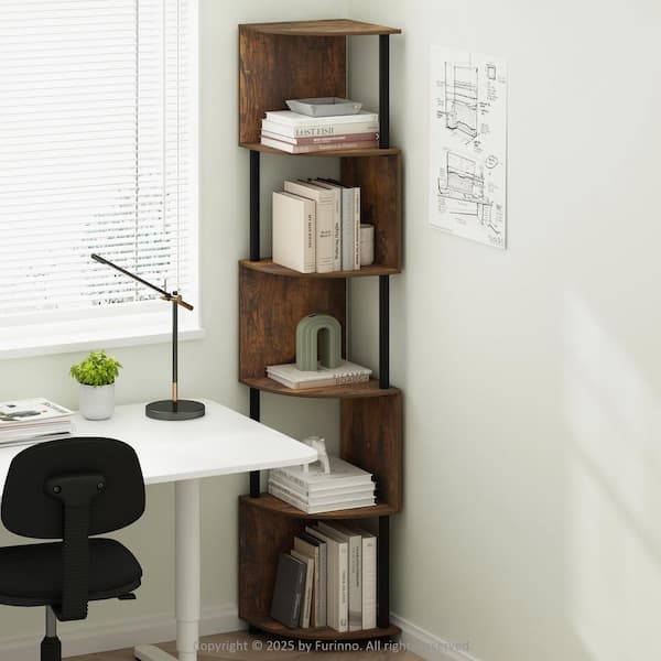 Basic 71.26 in. Tall Amber Pine/Black Wood 5-Shelf Corner Bookcase with Zigzag Design