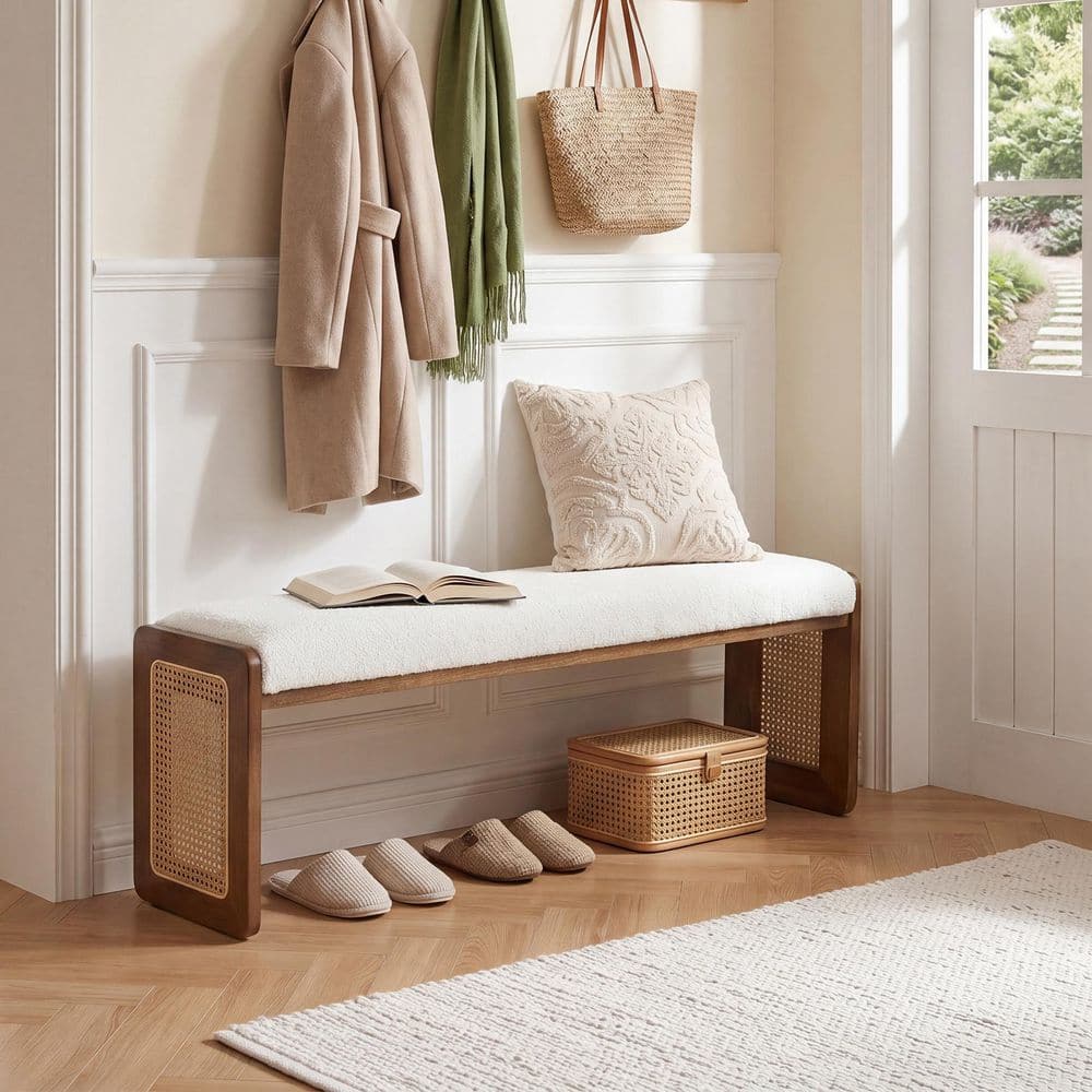 59 in. White and Brown Dining Bench with Cushion, Entryway Bench with Elegant Wicker Design for Hallway, Entrance