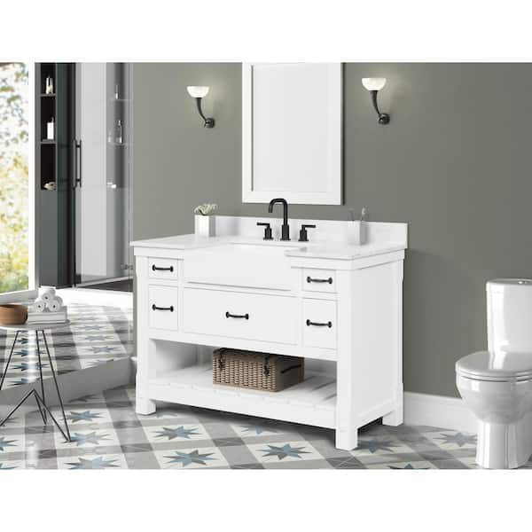Wellford 49 in. Single Sink Freestanding White Bath Vanity with White Engineered Stone Top (Assembled)