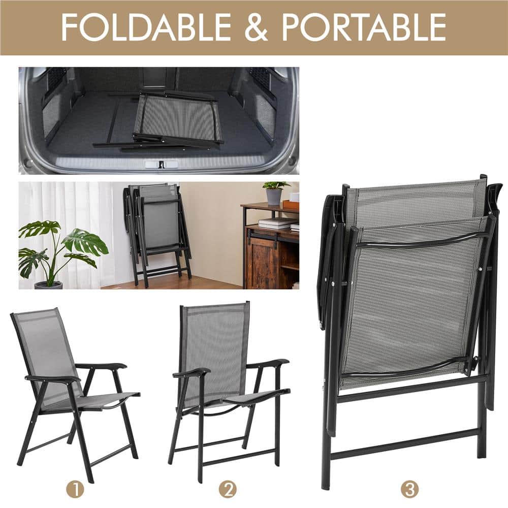 Gray Steel Folding Arm Dining Chairs, Set of 2