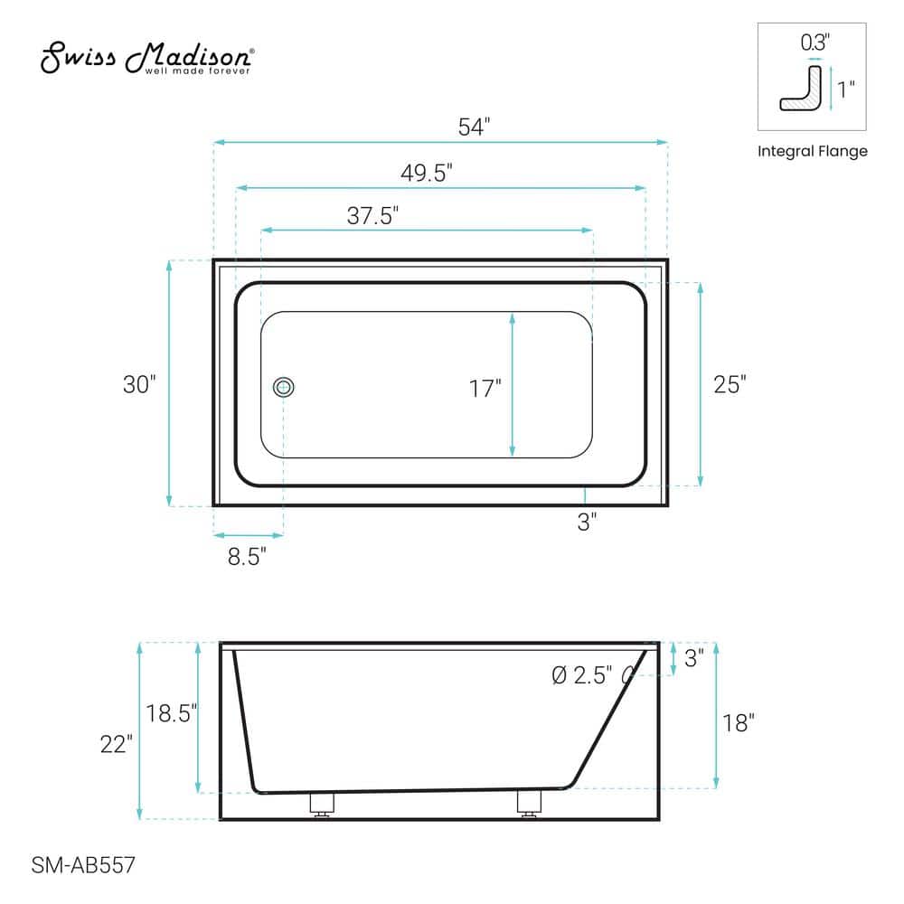 Voltaire 54" White Acrylic Alcove Bathtub with Apron