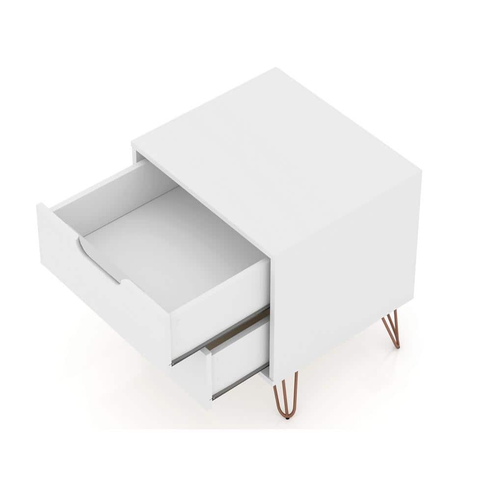 Rockefeller 2-Drawer White Wood Nightstands with Metal Legs, Set of 2