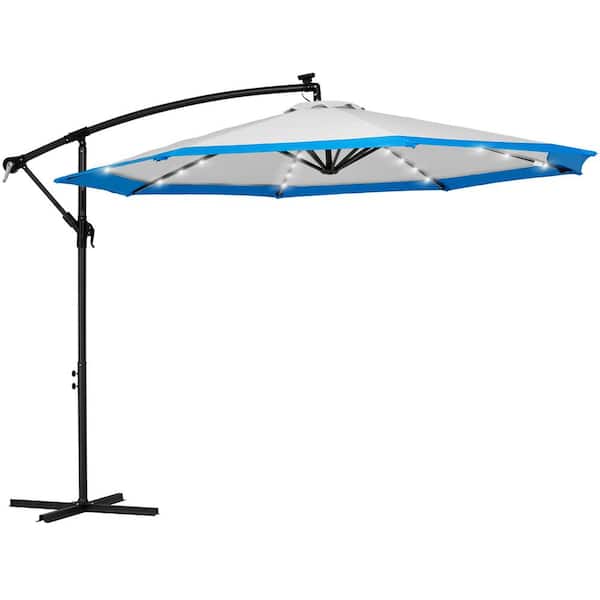 JEAREY 10 ft. Steel Solar Lighted Cantilever Patio Umbrellas with Sandbag Weighted Base in Gray and Blue Splicing