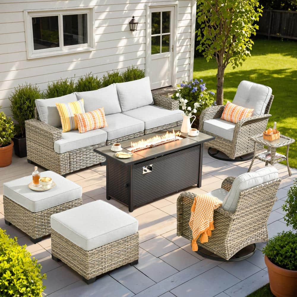 Tiberte Gray 9-Piece Wicker Patio Rectangle Fire Pit Conversation Set with Gray Cushions and Swivel Chairs price history on PriceWatchPro