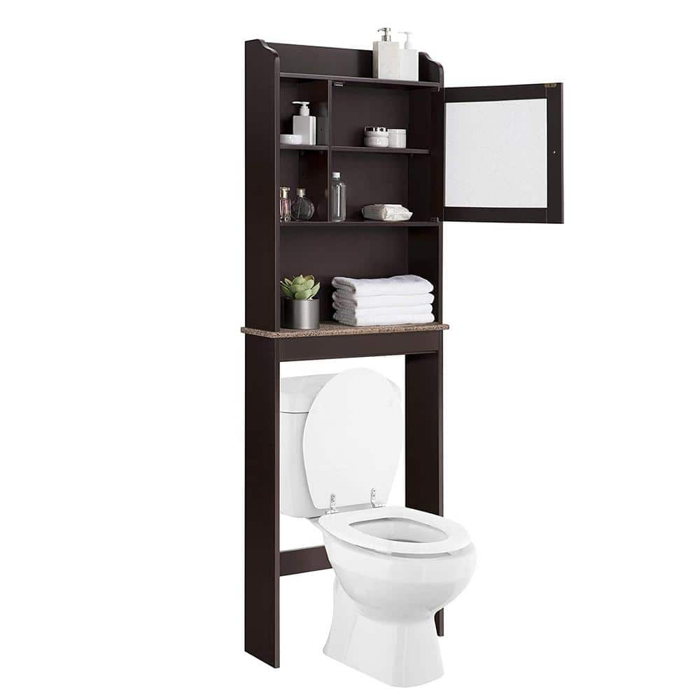 Dracelo 23.6 in. W x 8.9 in. D x 29.3 in. H Espresso Bathroom Over The Toilet Cabinet with Adjustable Shelves and Towels Bar, Brown