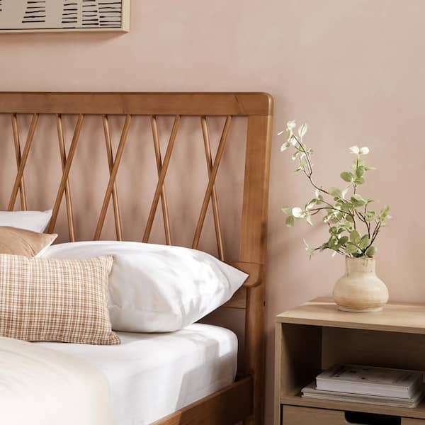 Modern Brown Solid Wood Frame Full Platform Bed with Geometric X Design Headboard