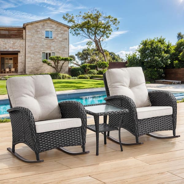 3-Piece Black Wicker Patio Conversation Set with Cushions and Coffee Table All-Weather Rocking Chairs