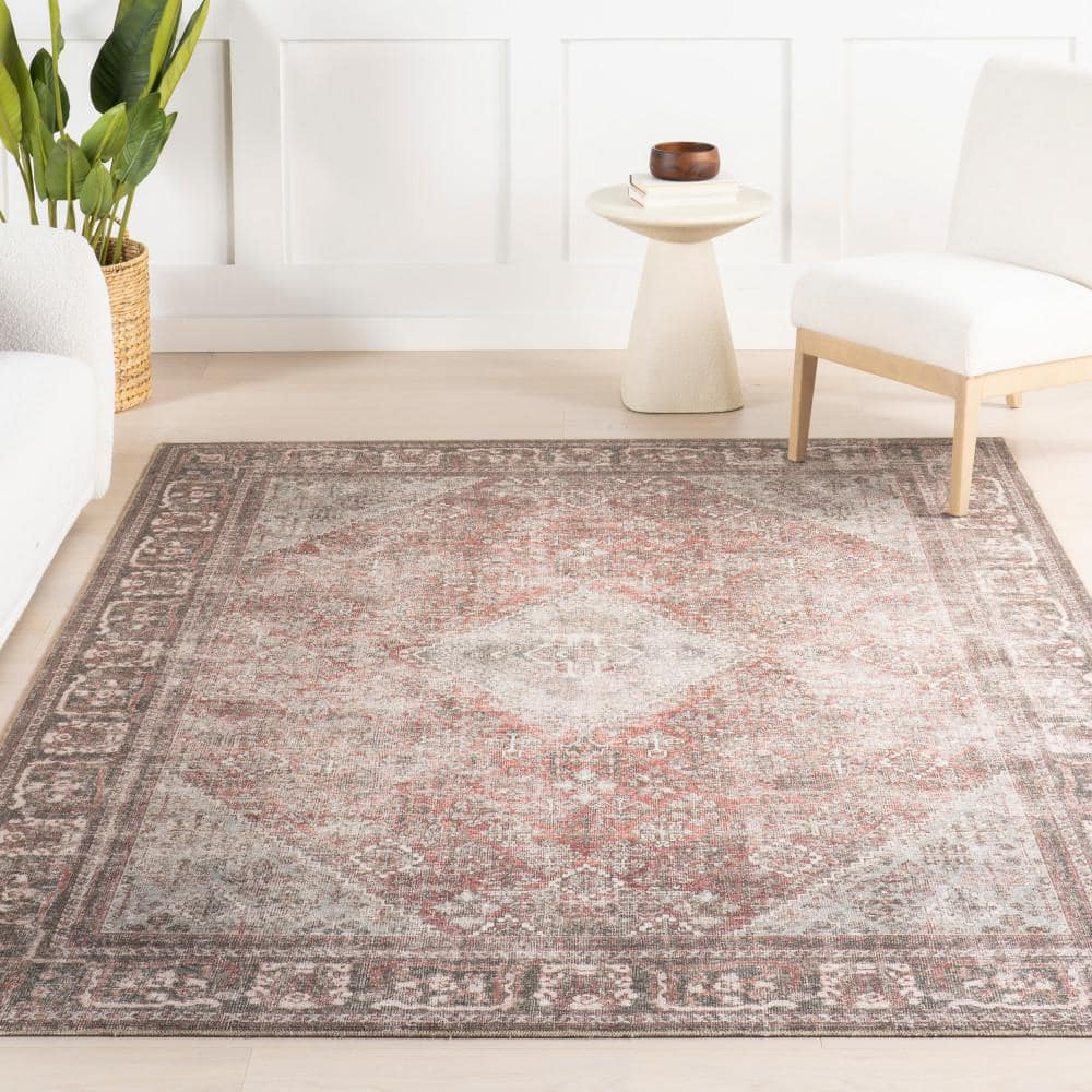 Gray and Burgundy Synthetic Rectangular Area Rug, 7' 10" x 10'