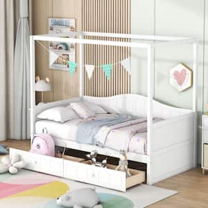 White Wood Frame Twin Size Canopy Bed with 2 Drawers