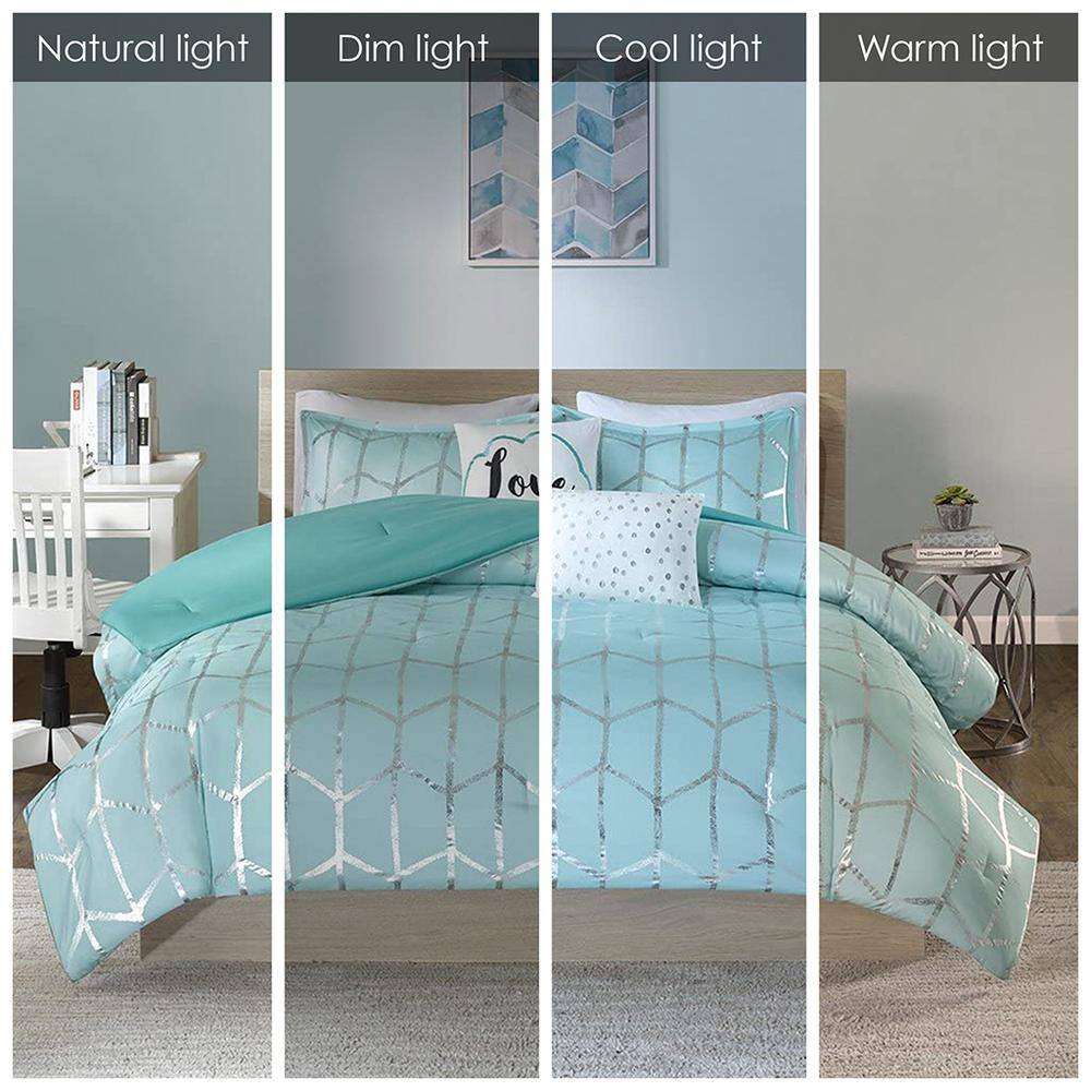 Aqua and Silver King Microfiber Comforter Set with Decorative Pillows