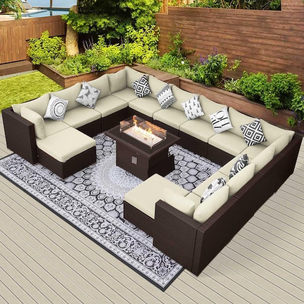 FINCATI 15-Piece Large Size Patio PE Wicker Patio Conversation Sofa Set with Cream Cushions and 55,000 BTU Fire Pit Table