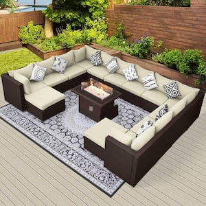 15-Piece Large Size Patio PE Wicker Patio Conversation Sofa Set with Cream Cushions and 55,000 BTU Fire Pit Table