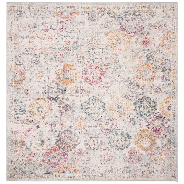SAFAVIEH Madison Gray/Gold 7 ft. x 7 ft. Square Distressed Floral Border Area Rug