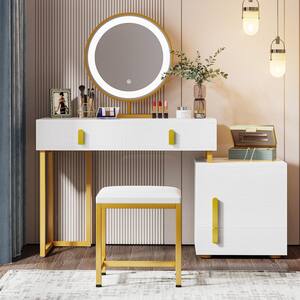 Virginia White and Gold 3-Drawers Bedroom Vanity Table Set with Lighted Mirror 50.8 in. H x 53.7 in. W x 15.7 in. D